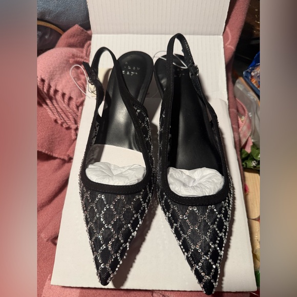 A New Day 7.5 Embellished Bedazzled Gem Black Slingback Heels - Picture 1 of 6